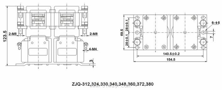 ZJQ300P系列直流接觸器安裝尺寸