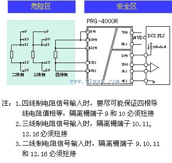 PRG-4000-R熱電阻輸入/熱電阻輸出隔離式安全柵接線圖