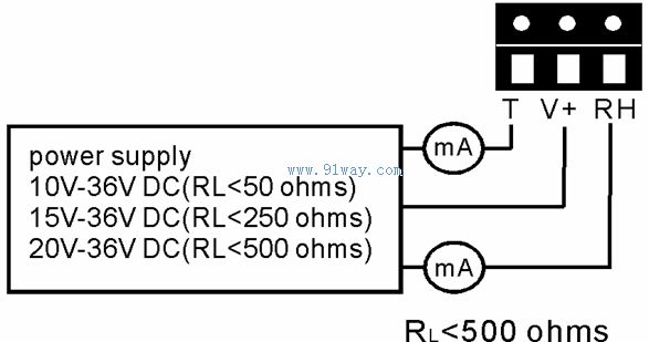 AE3020管道式電流輸出溫濕度變送器電氣接線圖