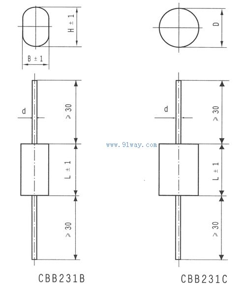 CBB231B,CBB231C介質(zhì)電容器外形尺寸