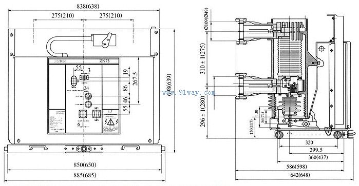 VKP-12型戶內(nèi)高壓真空斷路器外形尺寸