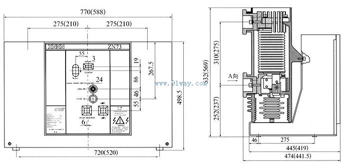 VKP-12型戶內(nèi)高壓真空斷路器安裝尺寸