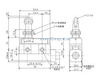 D4MC-5020面板安裝滾輪柱塞型微動開關安裝尺寸