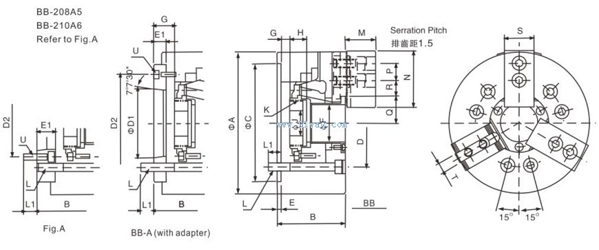 BB系列中空動力夾頭(三爪大孔徑中空型)安裝尺寸
