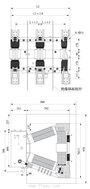 ZN12-40.5系列戶內真空斷路安裝尺寸圖