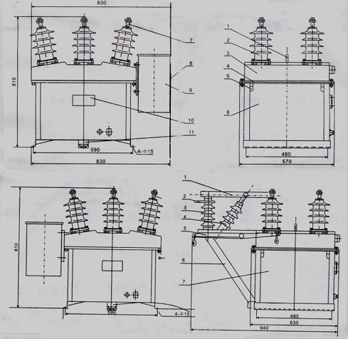 ZW8P-12/630-20型戶外預付費計量式真空斷路器安裝尺寸圖