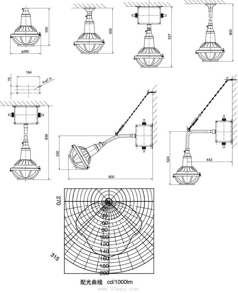 FAD-B系列防水防塵防腐燈外形尺寸及安裝示意圖