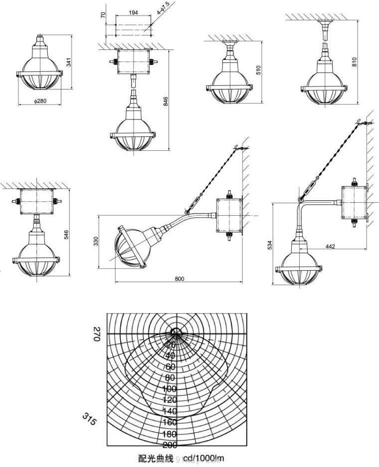 FAD-C系列防水防塵防腐全塑燈外形尺寸及安裝示意圖