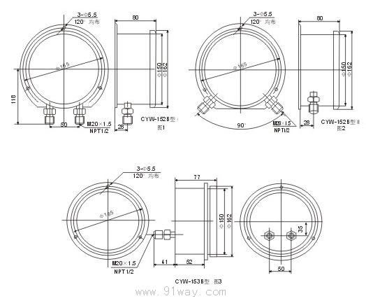 CYW-150B系列不銹鋼差壓表安裝尺寸
