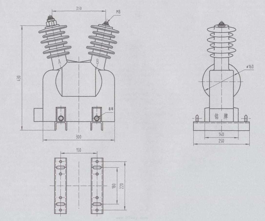 BJDZ1-10W3型干式三相(單相)組合電壓交換器安裝尺寸