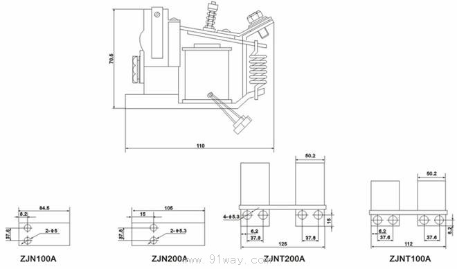ZJNT-200A型直流電磁接觸器安裝尺寸